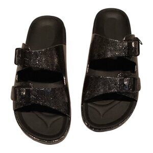 Wonder Nation Girls Black Glitter Jelly Slide Sandals Size 3 Two Buckles Durable